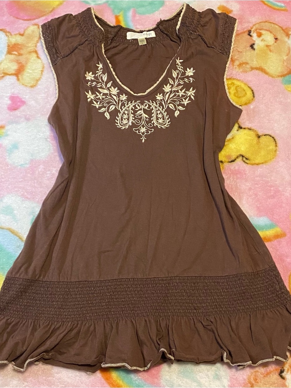 Energie Brown Sleeveless Embroidered Smocked Ruffle Hem Top